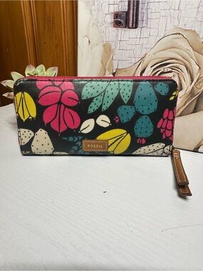 Fossil Black Floral Zip-Around Wallet with Pink, Teal & Yellow Accents